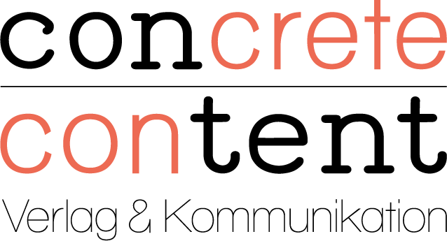 Klar strukturiertes Logo: "concrete content" mit "crete" und "cont" in Orange, darunter "Verlag & Kommunikation" dezent in Grau.