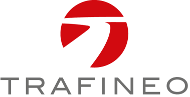 Das Trafineo-Logo: Über dem grauen Schriftzug TRAFINEO schwebt ein abstraktes, rot-weißes Symbol - modern und markant.
