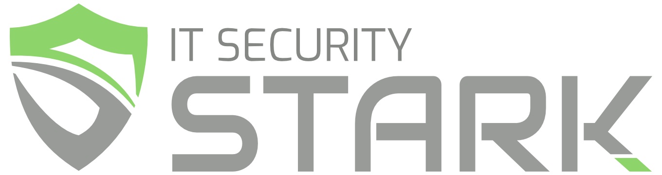Modernes Logo für IT Security STARK: Grauer Schriftzug in klarer Typo, links daneben ein markantes grünes Schild-Symbol.